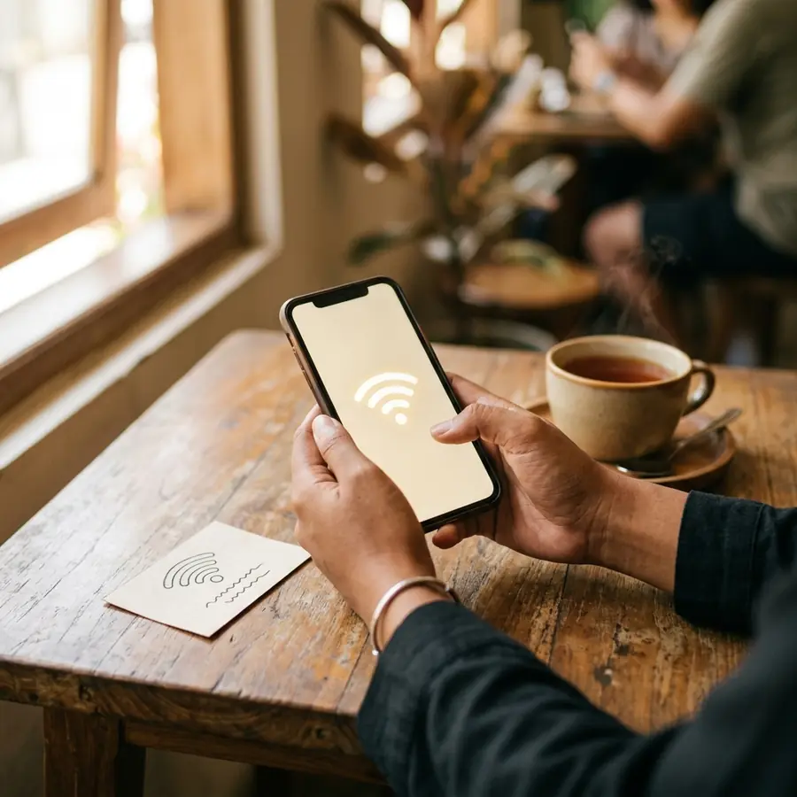 Tangan memegang ponsel dengan voucher wifi di atas meja kayu